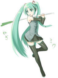 Rule 34 | 1girl, bad id, bad pixiv id, hatsune miku, kakaon, kanchou serio, long hair, simple background, solo, spring onion, thighhighs, twintails, very long hair, vocaloid