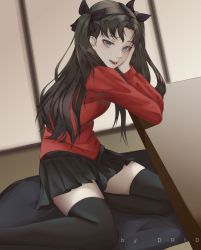 Rule 34 | 1girl, black hair, black ribbon, black skirt, black thighhighs, blue eyes, blush, drid, fate/stay night, fate (series), from side, hair ribbon, head rest, highres, long hair, long sleeves, looking at viewer, miniskirt, open mouth, parted bangs, pleated skirt, red shirt, ribbon, shirt, skirt, smile, solo, table, thighhighs, tohsaka rin, two side up