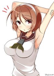 Rule 34 | 10s, 1girl, arms up, artist name, bad id, bad twitter id, blush, breasts, brown eyes, brown hair, female focus, hairband, japanese clothes, kankitsunabe (citrus), kantai collection, large breasts, looking at viewer, miko, natori (kancolle), open mouth, outstretched arms, school uniform, serafuku, short hair, solo, stretching, twitter username, white background