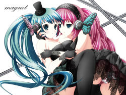 Rule 34 | 2girls, :o, aqua eyes, aqua hair, arm grab, bare shoulders, black dress, black gloves, black headwear, blush, breast press, breasts, bug, butterfly, butterfly hair ornament, butterfly headphones, cleavage, couple, dress, eye contact, female focus, fingerless gloves, gloves, hair ornament, hat, hatsune miku, headphones, hug, imminent kiss, insect, long hair, looking at another, magnet (vocaloid), megurine luka, mini hat, mini top hat, multiple girls, panties, pink hair, rinereeto, strapless, strapless dress, striped clothes, striped panties, symmetrical docking, thighhighs, top hat, twintails, underwear, very long hair, vocaloid, yuri