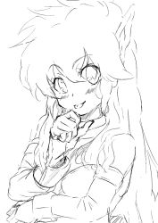Rule 34 | 1girl, akibin, armband, greyscale, hand on own face, long hair, long sleeves, looking at viewer, monochrome, monochrome, nei, phantasy star, phantasy star ii, pointy ears, sketch, solo, tongue, tongue out