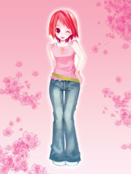 Rule 34 | 1girl, belt, denim, flower, haruse hiroki, jeans, one eye closed, original, pants, pink theme, red hair, short hair, solo, wink
