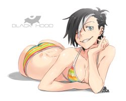 Rule 34 | 1girl, ass, back, bikini, black hair, blue eyes, breasts, cleavage, ear piercing, grin, iwado anna, kamezaemon, looking at viewer, lying, on stomach, one eye closed, original, piercing, smile, solo, striped bikini, striped clothes, swimsuit, white hair