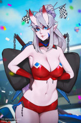 Rule 34 | 1girl, aurahack, bandeau, blurry, blurry background, borrowed character, breasts, car, chain, checkered flag, cleavage, closed umbrella, colored skin, commentary, confetti, day, detached collar, english commentary, eyeshadow, facial mark, flag, gloves, hair ornament, hair stick, highres, horns, lipstick, long hair, makeup, medium breasts, micro shorts, motor vehicle, navel, oni, original, pink skin, pointy ears, race queen, race vehicle, racecar, red eyeshadow, red gloves, red lips, red shorts, red skin, shiki (lokii), short eyebrows, shorts, silver hair, skin-covered horns, solo, standing, umbrella, weapon, weapon on back