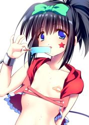 Rule 34 | 1girl, arm behind back, bandaid, bandaids on nipples, black hair, bow, chain, collarbone, cuffs, facial mark, flat chest, food, green bow, hair bow, hand up, kunihiro hajime, looking at viewer, medium hair, nanami neru, open mouth, pasties, ponytail, popsicle, saki (manga), shackles, simple background, solo, star (symbol), star facial mark, upper body, white background