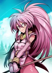 Rule 34 | 1girl, arche klein, breasts, broom, closed mouth, cloud, elbow gloves, gloves, highres, long hair, looking at viewer, pants, pink eyes, pink hair, pink pants, ponytail, smile, solo, tales of (series), tales of phantasia, tree, tukiwani, wide ponytail