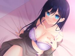 Rule 34 | 1girl, blue eyes, blush, bra, breasts, brown skirt, closed mouth, lingerie, long hair, medium breasts, nata ichio, open clothes, open shirt, original, panties, purple bra, purple hair, purple panties, skirt, smile, solo, underwear