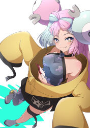 Rule 34 | 1girl, absurdres, aqua hair, blush, breasts, bright pupils, character hair ornament, closed mouth, collarbone, commentary request, creatures (company), fang, fang out, game freak, gen 4 pokemon, grey footwear, grey pantyhose, grey shirt, hair ornament, highres, holding, holding phone, iono (pokemon), light purple hair, long hair, looking at viewer, medium breasts, multicolored hair, nintendo, nishizuki shino, pantyhose, phone, pokemon, pokemon sv, purple eyes, rotom, rotom phone, shirt, shoes, single leg pantyhose, sleeveless, sleeveless shirt, smile, solo, two-tone hair, white pupils