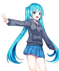 Rule 34 | 1girl, :d, absurdres, blue eyes, blue hair, blue skirt, collarbone, cowboy shot, floating hair, grey sweater, hatsune miku, highres, hood, hood down, hooded sweater, ille (xcpa7325), long hair, long sleeves, miniskirt, open mouth, outstretched arm, pleated skirt, simple background, skirt, smile, solo, standing, sweater, twintails, v, very long hair, vocaloid, white background