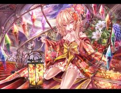 Rule 34 | 1girl, alternate costume, bad id, bad pixiv id, blonde hair, bow, flandre scarlet, flower, japanese clothes, kimono, lantern, letterboxed, long hair, off shoulder, red eyes, revision, side ponytail, solo, torino aqua, touhou, wings, yukata