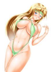 Rule 34 | 1990s (style), 1girl, bad id, bad pixiv id, blonde hair, blue eyes, breasts, celes chere, covered erect nipples, final fantasy, final fantasy vi, green one-piece swimsuit, headband, kuzunoha kaede, large breasts, long hair, one-piece swimsuit, retro artstyle, simple background, slingshot swimsuit, solo, swimsuit, white background
