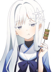 Rule 34 | 1girl, absurdres, blue archive, blush, closed mouth, eating, food, food on face, grey eyes, hair ornament, haori, highres, holding, holding food, japanese clothes, long hair, looking at viewer, nagusa (blue archive), petako (ptpt k), sailor collar, simple background, solo, upper body, white background, white hair, white sailor collar, yakitori