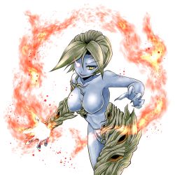 Rule 34 | 1girl, alexia ashford, blue skin, breasts, colored skin, covered erect nipples, female focus, fire, looking at viewer, monster girl, resident evil, resident evil - code: veronica, yellow eyes