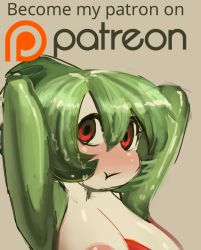Rule 34 | 1girl, armpits, arms behind head, arms up, beige background, blush, breasts, creatures (company), english text, game freak, gardevoir, gen 3 pokemon, green hair, large breasts, logo, looking at viewer, nintendo, nipples, patreon, pokemon, pokemon (creature), pokemon rse, red eyes, saladbomb, shiny skin, short hair, simple background, solo, text focus, wet, wet hair