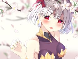 Rule 34 | 1girl, :d, bad hands, bare shoulders, blurry, blurry background, blush, bow, branch, breasts, covered collarbone, depth of field, dress, earrings, fate/grand order, fate (series), fingernails, flower, glint, hair between eyes, hair bow, hand up, head tilt, holding, holding petal, jewelry, kama (fate), kama (first ascension) (fate), magatama, magatama earrings, mizuki ryuu, open mouth, petals, purple dress, red bow, red eyes, ring, silver hair, sleeveless, sleeveless dress, small breasts, smile, solo, upper body, white flower
