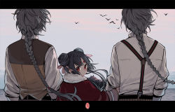 Rule 34 | 1girl, 2boys, architecture, bird, black hair, blush, braid, braided ponytail, brother and sister, brothers, clothes grab, collared shirt, double bun, east asian architecture, facing away, from behind, frown, fur trim, grey hair, hair bun, hair ribbon, height difference, holding another&#039;s arm, letterboxed, long hair, long sleeves, looking at viewer, looking back, mia0309, multiple boys, ocean, onii-chan wa zonbida, original, outdoors, red eyes, ribbon, shirt, short eyebrows, siblings, sidelocks, single braid, sky, sleeves pushed up, suspenders, upper body, vest, white shirt, wind