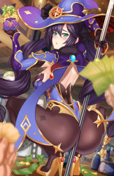 Rule 34 | 1girl, absurdres, ass, back, bare shoulders, between buttocks, black hair, black pantyhose, breasts, cape, genshin impact, green eyes, hat, high heels, highres, hydro (genshin impact), leotard, long hair, looking at viewer, looking back, medium breasts, mona (genshin impact), money, nez-box, open mouth, pantyhose, pole, pole dancing, purple hat, purple leotard, simple background, solo, squatting, stripper pole, thighs, twintails, very long hair, vision (genshin impact), white background, witch hat
