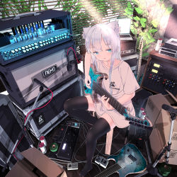 Rule 34 | 1girl, absurdres, amplifier, animal ear fluff, animal ears, aqua eyes, black thighhighs, can, collarbone, computer, day, full body, guitar, hair between eyes, hair over shoulder, highres, hoji (hooooooooji1029), indoors, instrument, laptop, long hair, microphone, music, no shoes, notebook, on chair, original, oversized clothes, oversized shirt, parted lips, plant, playing instrument, potted plant, scenery, shirt, short sleeves, silver hair, sitting, solo, speaker, thighhighs, white shirt, window, window blinds, window shutter