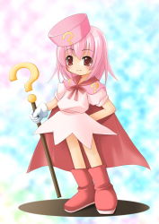 Rule 34 | 1girl, ?, arm behind back, benesse, boots, cape, gloves, hat, hatena yousei, pink footwear, pink hat, shibacha, solo