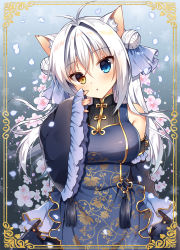 Rule 34 | 1girl, :o, aina rive, animal ears, antenna hair, bare shoulders, blue dress, blue eyes, blush, breasts, brown eyes, cat ears, china dress, chinese clothes, commentary request, detached sleeves, double bun, dress, flower, gold trim, hair between eyes, hair bun, hair intakes, hand up, head tilt, heterochromia, lolita fashion, long hair, long sleeves, looking at viewer, mauve, medium breasts, original, parted lips, petals, pink flower, qi lolita, side bun, silver hair, sleeveless, sleeveless dress, sleeves past wrists, solo, very long hair, white flower, wide sleeves