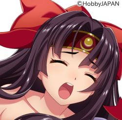 Rule 34 | 1girl, artist request, bare shoulders, brown hair, closed eyes, hair ribbon, headband, hobby japan, open mouth, queen&#039;s blade, ribbon, solo, source request, tomoe (queen&#039;s blade)