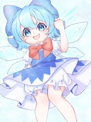 Rule 34 | 1020suna, 1girl, bloomers, blue eyes, blue hair, blue ribbon, blue skirt, cirno, fairy wings, hair ribbon, highres, ice, ice wings, looking at viewer, open mouth, red ribbon, ribbon, skirt, solo, touhou, underwear, white bloomers, wings