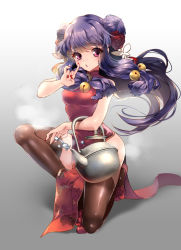 Rule 34 | 1girl, bell, breasts, brown thighhighs, china dress, chinese clothes, covered navel, double bun, dress, flower, full body, hair bell, hair bun, hair flower, hair ornament, jingle bell, kettle, lilithbloody, long hair, medium breasts, nail polish, on one knee, pink eyes, purple hair, ranma 1/2, red dress, red footwear, red nails, shampoo (ranma 1/2), side slit, sidelocks, sleeveless, sleeveless dress, solo, steam, thighhighs
