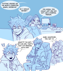 Rule 34 | !, !!, 1boy, 1girl, absurdres, alternate universe, bakugou katsuki, blue theme, blush, boku no hero academia, chair, closed mouth, comic, commentary, computer, desk, drawing (object), dress, earrings, english commentary, english text, freckles, habkart, head rest, heart, heart earrings, highres, holding, holding laptop, hood, hood down, hooded jacket, indoors, jacket, jewelry, la brava, laptop, long hair, long sleeves, looking at another, midoriya izuku, monitor, monochrome, open mouth, picture frame, short hair, short sleeves, simple background, sitting, smile, speech bubble, tongue, tongue out, twintails