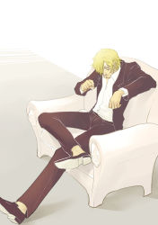 Rule 34 | 1boy, armchair, artist request, blonde hair, chair, highres, male focus, one piece, sanji (one piece), sitting, solo, white upholstery