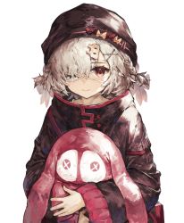 Rule 34 | 1girl, absurdres, arknights, black headwear, black jacket, braid, closed mouth, commentary request, eyepatch, grey hair, hair ornament, hair over one eye, hairclip, highres, jacket, long sleeves, looking at viewer, hugging object, popukar (arknights), red eyes, simple background, smile, solo, stuffed animal, stuffed rabbit, stuffed toy, upper body, white background, wide sleeves, x hair ornament, yanyan (shinken gomi)