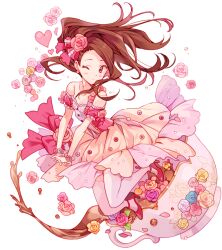 Rule 34 | 1girl, bare shoulders, blue flower, blue rose, blush, breasts, brown eyes, brown hair, cleavage, closed mouth, collarbone, cup, detached sleeves, dress, flower, frilled sleeves, frills, full body, hair flower, hair ornament, hair ribbon, heart, high heels, idolmaster, idolmaster (classic), idolmaster million live!, idolmaster million live! theater days, interlocked fingers, inzup, layered dress, leaf, long hair, minase iori, one eye closed, orange flower, orange rose, own hands together, pink flower, pink ribbon, pink rose, red dress, red eyes, red flower, red rose, ribbon, rose, sleeveless, sleeveless dress, small breasts, solo, spilling, tea, teacup, thighhighs, white background, white flower, white rose, yellow flower, yellow rose