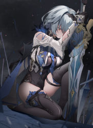 Rule 34 | 1girl, absurdres, arm guards, bare shoulders, black footwear, black gloves, black hairband, blue hair, bodystocking, boots, breasts, covered navel, dark background, empty eyes, eula (genshin impact), full body, genshin impact, gloves, hairband, highres, holding, holding sword, holding weapon, large breasts, long sleeves, looking down, on one knee, planted, planted sword, planted weapon, red eyes, shiro kanae, short hair, skindentation, solo, sword, thigh boots, thighhighs, thighs, torn clothes, two-tone leotard, weapon