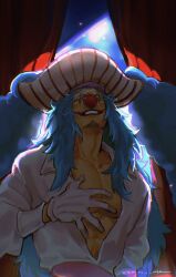 Rule 34 | 1boy, absurdres, blue eyes, blue hair, buggy the clown, clown, clown nose, facepaint, facial hair, gloves, grin, hat, highres, long hair, male focus, one piece, open clothes, open shirt, pectoral cleavage, pectorals, pirate hat, red nose, shirt, signature, smile, solo, upper body, vamos mk, white gloves, white shirt