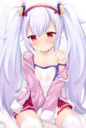 Rule 34 | 1girl, :t, animal ears, azur lane, between legs, blush, camisole, closed mouth, collarbone, commentary request, fur-trimmed jacket, fur-trimmed sleeves, fur trim, hair between eyes, hairband, hand between legs, jacket, laffey (azur lane), long hair, long sleeves, looking at viewer, maccha, nipples, off shoulder, open clothes, open jacket, pink jacket, pleated skirt, rabbit ears, red eyes, red hairband, red skirt, see-through, silver hair, sitting, skirt, sleeves past wrists, solo, strap slip, thighhighs, twintails, very long hair, wet, wet clothes, white camisole, white thighhighs