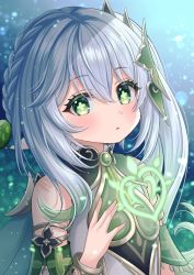 Rule 34 | 1girl, blush, bracelet, cape, child, commentary request, cross-shaped pupils, detached sleeves, dress, genshin impact, gradient hair, green cape, green eyes, green hair, green sleeves, hair between eyes, hair ornament, highres, hiiragi kei, jewelry, leaf hair ornament, long hair, looking at viewer, multicolored hair, nahida (genshin impact), parted lips, pointy ears, short sleeves, side ponytail, sidelocks, sleeveless, sleeveless dress, solo, symbol-shaped pupils, white hair