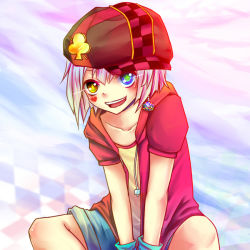 Rule 34 | 10s, 1boy, :d, bad id, bad pixiv id, gradient hair, green eyes, hat, heterochromia, hood, hoodie, liu12121313, looking at viewer, male focus, multicolored hair, no game no life, open mouth, short hair, shorts, smile, solo, symbol-shaped pupils, tet (no game no life), teto (no game no life), yellow eyes