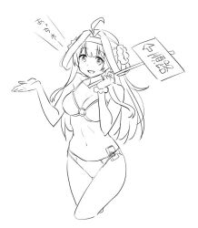 Rule 34 | 1girl, ahoge, bikini, breasts, cleavage, commentary request, cropped legs, double bun, hair bun, hairband, kantai collection, kongou (kancolle), large breasts, lineart, looking at viewer, o-ring, o-ring top, object in clothes, object in swimsuit, sign, solo, standing, swimsuit, tamu (mad works), translation request