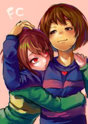 Rule 34 | 2girls, androgynous, artist request, blue shirt, brown eyes, brown hair, chara (undertale), chromatic aberration, frisk (undertale), green shirt, heart, heart necklace, highres, hno3syo, hug, jewelry, multiple girls, necklace, pink background, red eyes, shirt, short hair, shousan (hno3syo), tan, undertale, wavy mouth