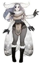 Rule 34 | 1girl, absurdres, antennae, arthropod girl, artist name, black footwear, black sclera, boots, capelet, colored sclera, extra arms, full body, fur, fur-trimmed boots, fur collar, fur trim, grey hair, hand on own chest, highres, insect girl, insect wings, knee boots, long hair, looking to the side, matilda fiship, monster girl, moth girl, moth wings, mother lumi (matilda fiship), neck fur, no pupils, original, pelvic curtain, simple background, smile, solo, white background, wings