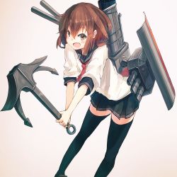 Rule 34 | 10s, 1girl, amoranorem, anchor, brown eyes, brown hair, fang, hair ornament, hairclip, ikazuchi (kancolle), kantai collection, kashii (amoranorem), machinery, short hair, sleeves pushed up, smile, solo, turret
