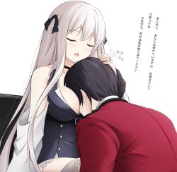 Rule 34 | 1boy, 1girl, :d, artist name, bare shoulders, between breasts, black choker, black dress, black hair, black ribbon, blush, breasts, choker, closed eyes, collarbone, commander (girls&#039; frontline), commentary, dress, fingernails, girls&#039; frontline, grey hair, grey thighhighs, griffin &amp; kryuger military uniform, hair ribbon, head between breasts, headpat, highres, jacket, jewelry, kar98k (girls&#039; frontline), keenh, long hair, medium breasts, off shoulder, open mouth, red jacket, ribbon, ring, signature, sitting, sleeveless, sleeveless dress, smile, sweat, thighhighs, translation request, very long hair, wedding band