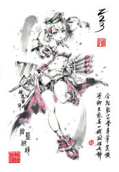 Rule 34 | 1girl, azur lane, beret, bike shorts, blue eyes, breasts, chinese commentary, commentary request, cross, full body, gloves, hair ribbon, hat, ink wash painting, iron cross, jidao huashi, limited palette, looking at viewer, medium breasts, open mouth, ribbon, short hair, signature, simple background, solo, standing, standing on one leg, torpedo tubes, traditional media, white background, white gloves, z23 (azur lane)