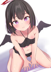 Rule 34 | 1girl, arms between legs, bare arms, bare shoulders, barefoot, bikini, black bikini, black hair, blue archive, blush, body blush, breasts, closed mouth, colored inner hair, frilled bikini, frills, from above, furrowed brow, hair between eyes, halo, highres, legs apart, looking at viewer, looking up, mashiro (blue archive), medium hair, miramira1908, multicolored hair, navel, pink eyes, sitting, small breasts, solo, streaked hair, swimsuit, wariza, wavy mouth, wet, white background, winged halo, wings