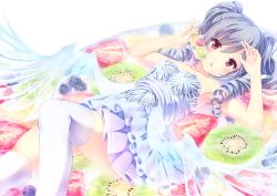 Rule 34 | 10s, 1girl, alc (ex2 lv), bad id, bad pixiv id, breasts, dress, drill hair, food, fruit, idolmaster, idolmaster cinderella girls, kanzaki ranko, kiwi (fruit), long hair, open mouth, popsicle, red eyes, silver hair, simple background, small breasts, solo, strawberry, twin drills, twintails
