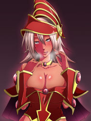 Rule 34 | 1girl, alternate color, bare shoulders, breasts, breasts squeezed together, bursting breasts, cape, choker, cleavage, dark-skinned female, dark magician girl, dark skin, detached sleeves, duel monster, gradient background, green eyes, hat, heart, heart-shaped pupils, heavy breathing, highres, kanta (k n t r o), large breasts, licking lips, lips, long hair, pentacle, solo, symbol-shaped pupils, tongue, tongue out, white hair, wizard hat, yu-gi-oh!