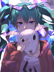 Rule 34 | 1girl, bad id, bad pixiv id, blue eyes, blue hair, eyewear on head, hatsune miku, highres, holding, holding mask, jname, long hair, long sleeves, looking at viewer, mask, solo, suna no wakusei (vocaloid), twintails, upper body, vocaloid
