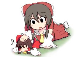 Rule 34 | ..., 2girls, ascot, black eyes, blush, bow, brown hair, collared shirt, commentary request, cookie (touhou), detached sleeves, frilled bow, frilled hair tubes, frilled shirt collar, frilled skirt, frills, full body, hair between eyes, hair bow, hair tubes, hakurei reimu, hand on another&#039;s head, long hair, looking at another, majikaru yakikashi, mini person, minigirl, multiple girls, open mouth, red bow, red skirt, ribbon-trimmed sleeves, ribbon trim, sakenomi (cookie), shirt, sidelocks, skirt, skirt set, sleeveless, sleeveless shirt, spoken ellipsis, touhou, v-shaped eyebrows, white sleeves, wide sleeves, yellow ascot