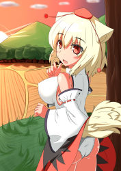 Rule 34 | 1girl, animal ears, ass, bare shoulders, blush, breasts, detached sleeves, covered erect nipples, fang, hat, highres, inubashiri momiji, large breasts, looking at viewer, looking back, monchan, mountain, nature, open mouth, panties, pantyshot, red eyes, short hair, silver hair, smile, solo, sun, tail, tokin hat, touhou, tree, underwear, white panties, wolf ears, wolf tail