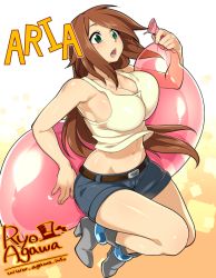 Rule 34 | 1girl, agawa ryou, artist name, balloon, belt, borrowed character, breasts, brown hair, character name, cleavage, denim, denim shorts, female focus, gradient background, high heels, large breasts, long hair, navel, open mouth, original, shorts, solo, tank top, thighs, toned, watermark, web address