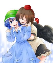 Rule 34 | 2girls, :d, belt, blue eyes, blue hair, brown hair, commentary request, dress, hands on another&#039;s shoulders, hat, kawashiro nitori, multiple girls, open mouth, shameimaru aya, short hair, skirt, smile, touhou, two side up, unya, wings, yuri